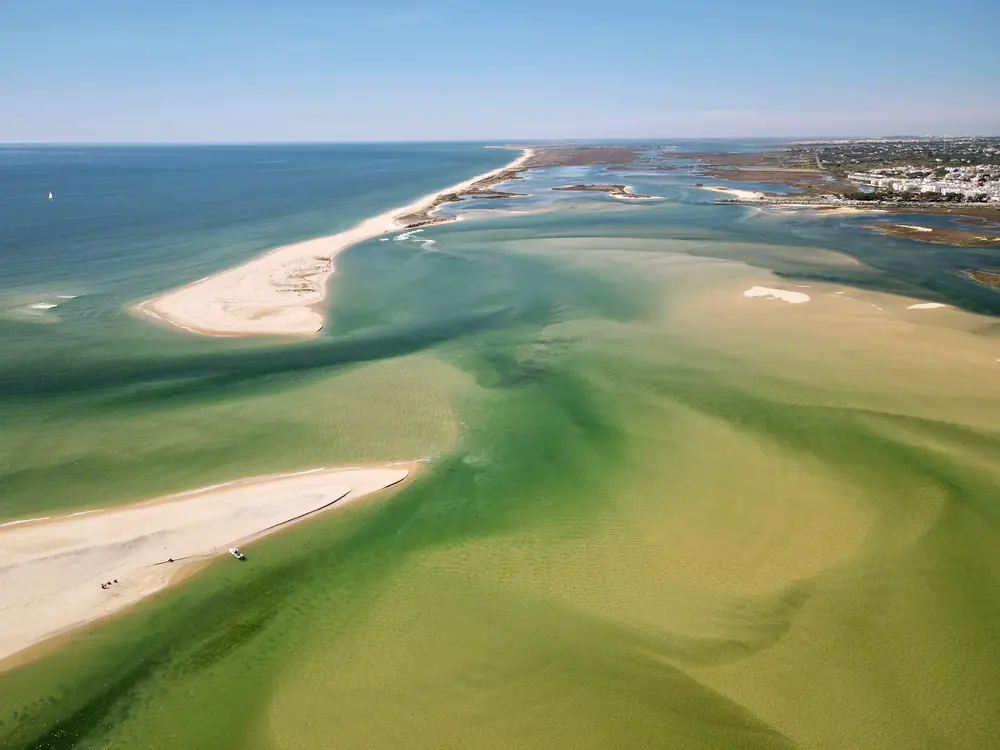 Aerial view of the Ria Formosa sandbanks and channels near Fuseta